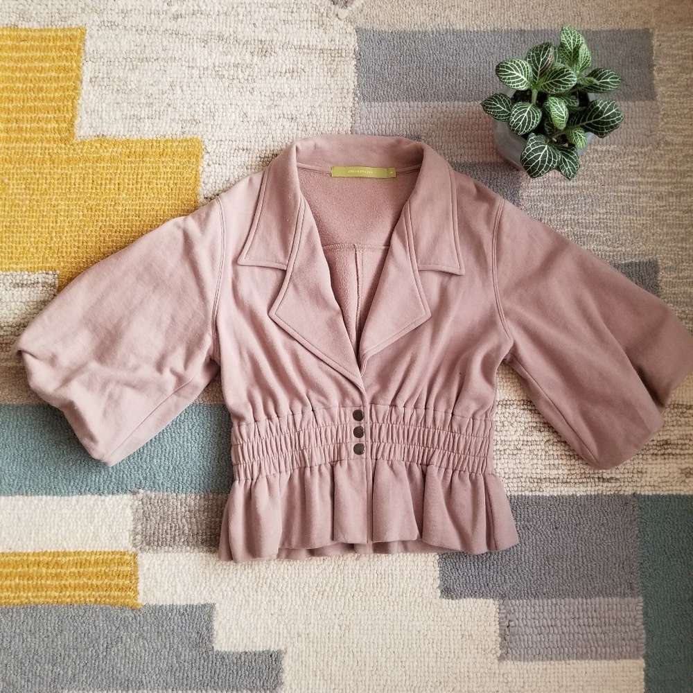 3/4 sleeve tan/blush jacket with snaps
